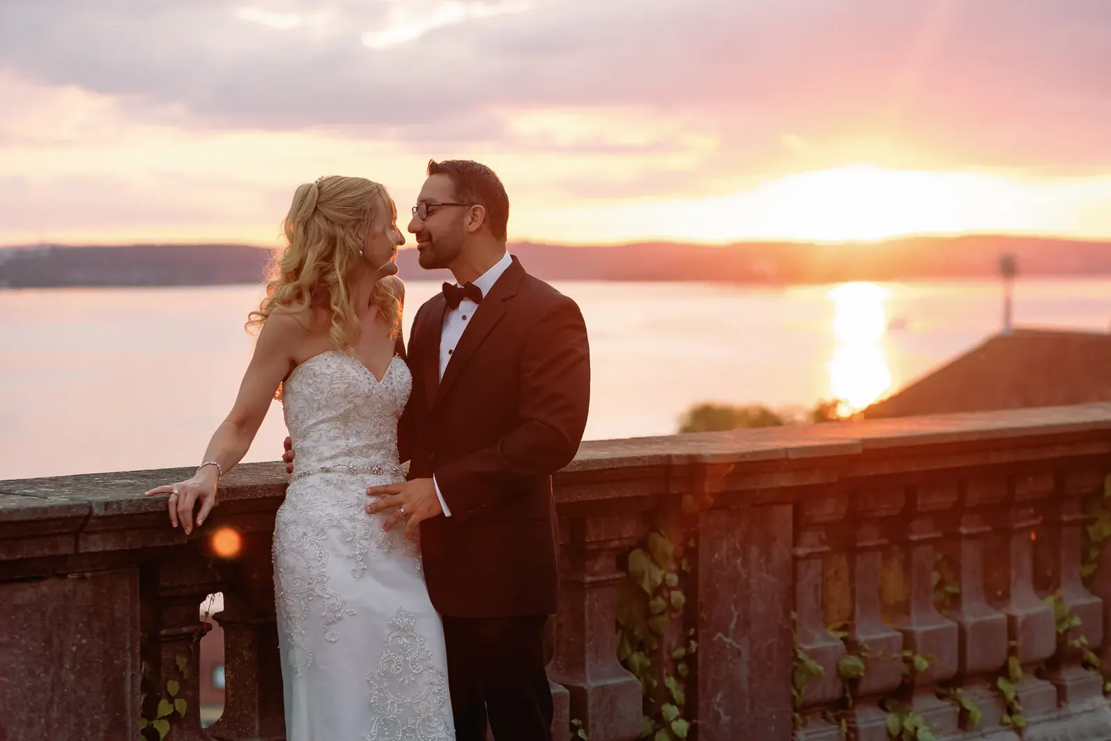 Christine and Ro on the terrace as the sun sets over the Bodensee