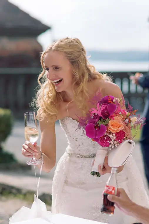 Christine with her bouquet on the terrace